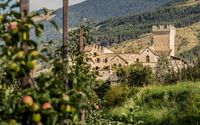 Blick auf die Churburg in Schluderns mit grüner Landschaft im Sommer in Südtirol Blick auf die Churburg in Schluderns mit grüner Landschaft im Sommer in Südtirol