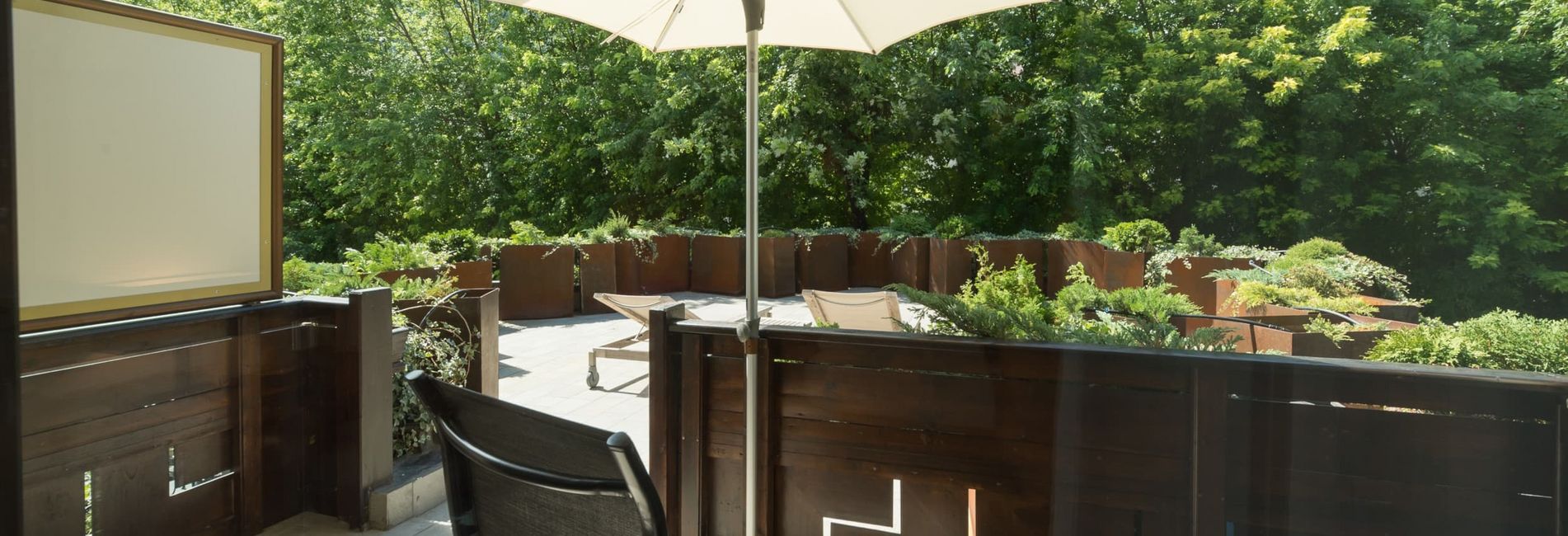 Terrace with mountain view at Hotel Vier Jahreszeiten in South Tyrol Terrace with mountain view at Hotel Vier Jahreszeiten in South Tyrol