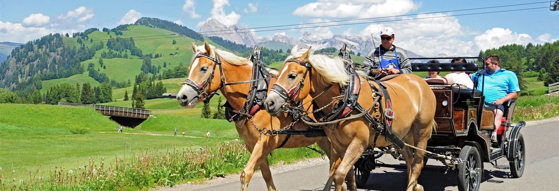 Giro in carrozza trainata da cavalli nel paesaggio della Val Venosta vicino all'hotel Vier Jahreszeiten