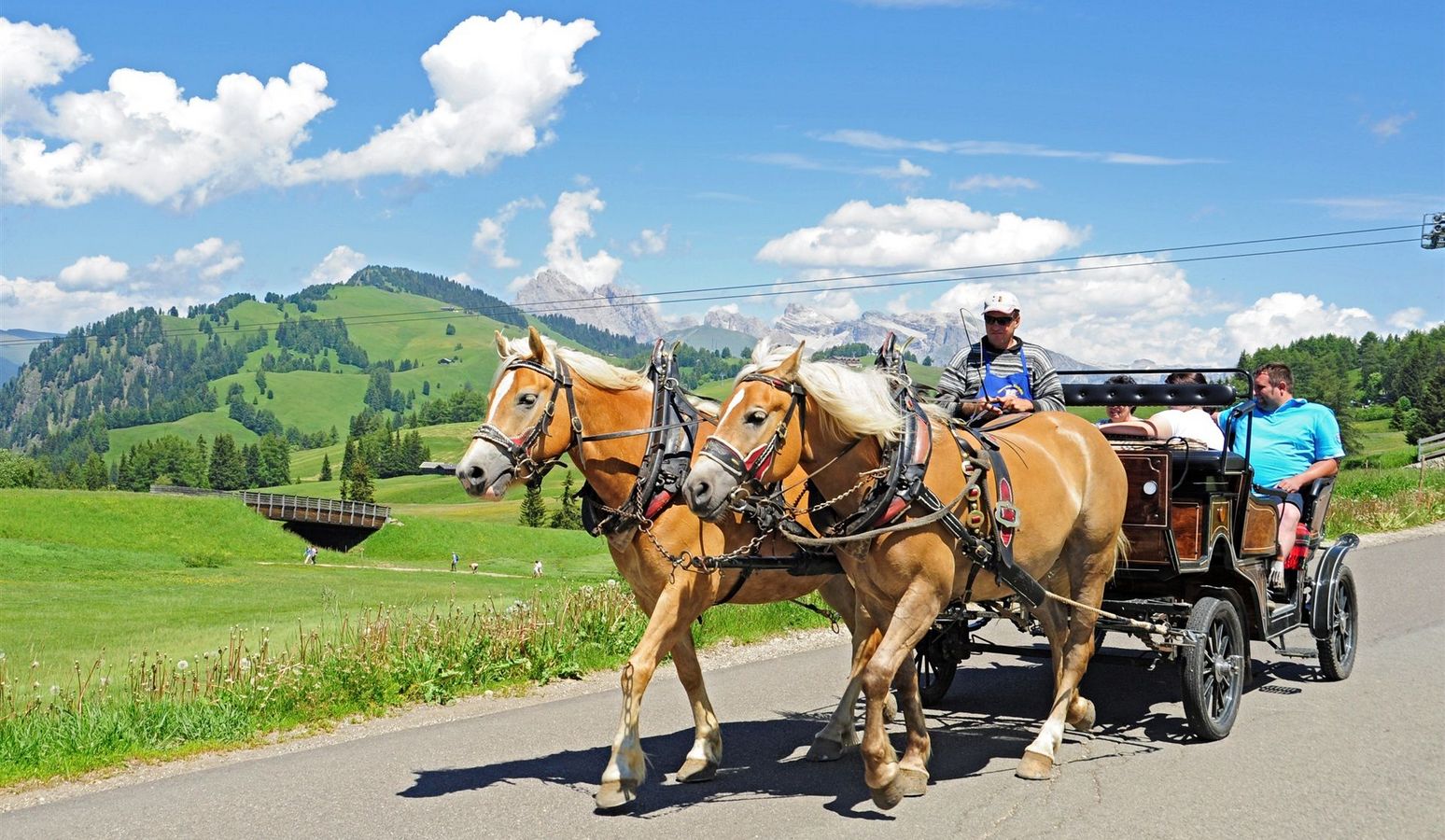Carrozza trainata da cavalli nel paesaggio del Val Venosta vicino all’hotel Vier Jahreszeiten